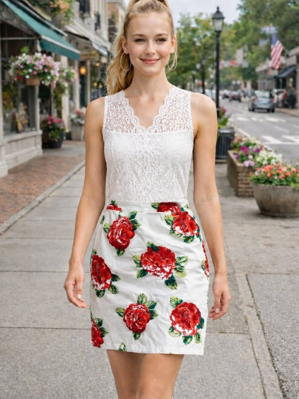 Tommy Hilfiger White Red Rose Floral A-Line Skirt Cotton Lined Sz 14 NEW
